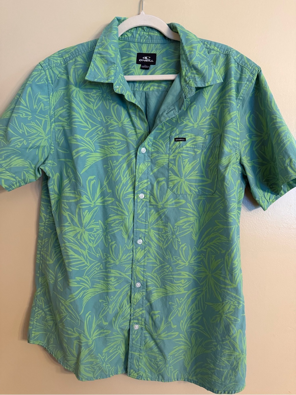 O'Neill Teal Shirt with Lime Leaf Print — Short Sleeve Button-Up